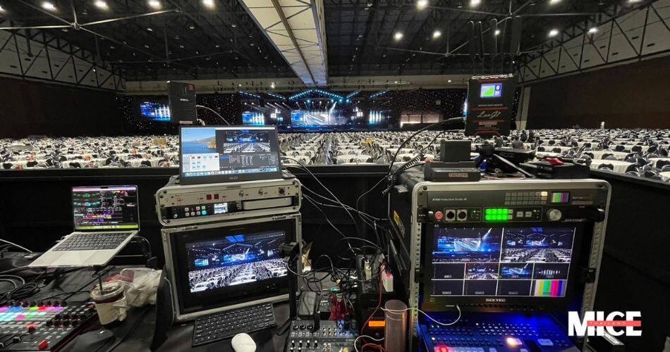 Stage setup with AV equipment including lighting and sound system rental for an event in Bangkok