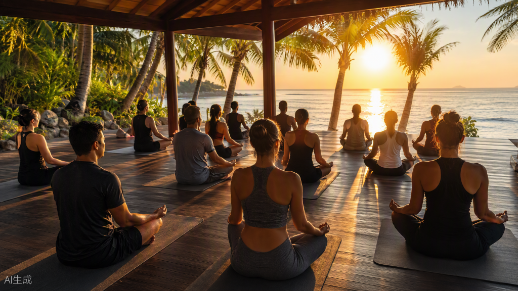 Sunrise yoga session on a beachfront pavilion at a corporate wellness retreat in Phuket, organised by MICE Thailand