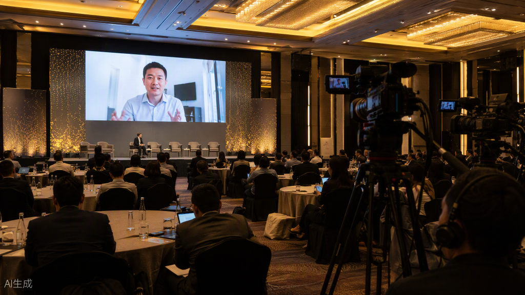 Multi-camera broadcast production of a hybrid corporate summit in a Bangkok ballroom with a remote speaker on the LED wall, by MICE Thailand