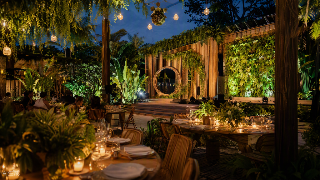 Sustainable corporate gala dinner in Thailand with living green walls, bamboo stage design and candlelight, produced by MICE Thailand