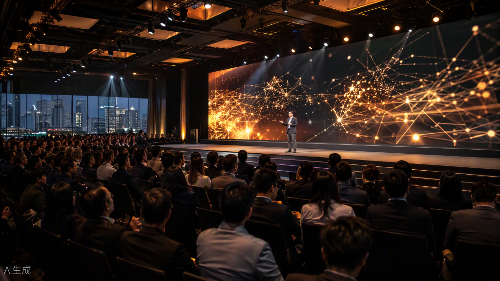 Keynote speaker on stage with a gold neural-network LED wall at a technology and AI summit in Bangkok, produced by MICE Thailand