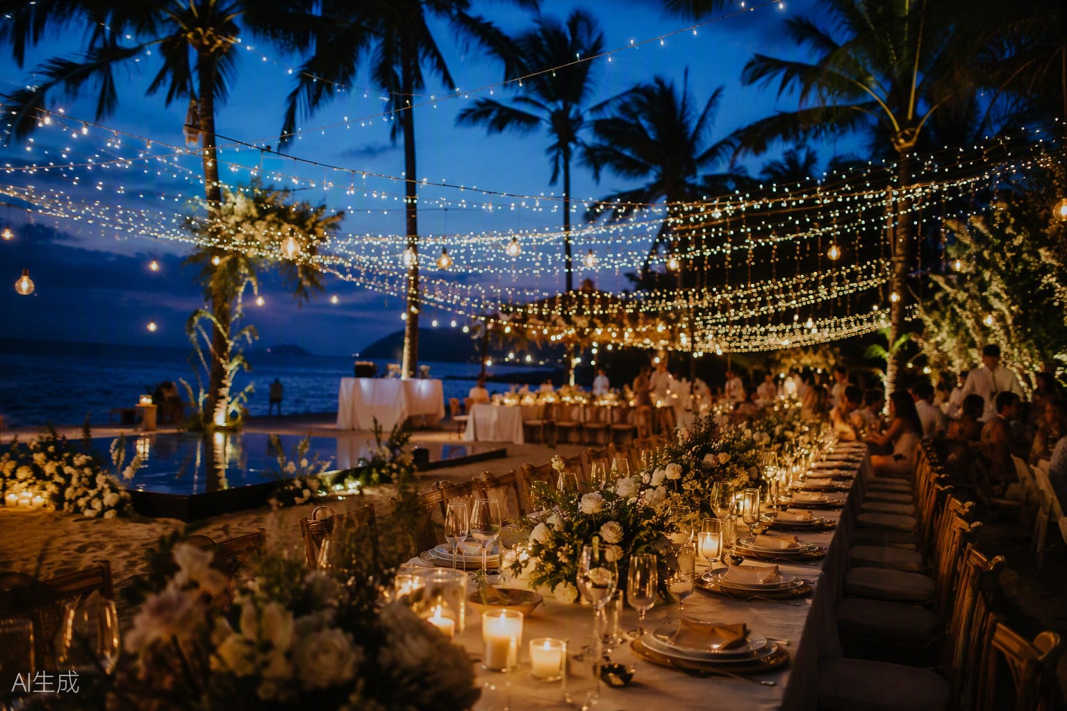 Fairy light and festoon lighting rental for a beach wedding in Phuket, Thailand